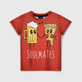 Детская футболка 3D с принтом Beer в Тюмени, 100% гипоаллергенный полиэфир | прямой крой, круглый вырез горловины, длина до линии бедер, чуть спущенное плечо, ткань немного тянется | Тематика изображения на принте: beer | pizza | soulmates | кружка | пицца