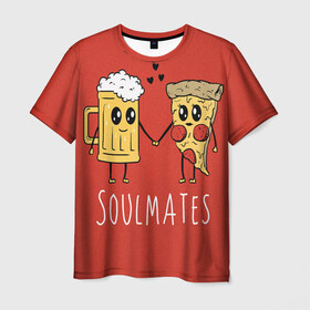 Мужская футболка 3D с принтом Beer в Тюмени, 100% полиэфир | прямой крой, круглый вырез горловины, длина до линии бедер | beer | pizza | soulmates | кружка | пицца