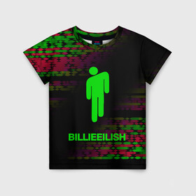 Детская футболка 3D с принтом Billie Eilish. в Тюмени, 100% гипоаллергенный полиэфир | прямой крой, круглый вырез горловины, длина до линии бедер, чуть спущенное плечо, ткань немного тянется | bili | billie eilish | pattern | били | билли айлиш | музыка | паттерн