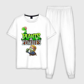 Мужская пижама хлопок с принтом Plants vs. Zombies в Тюмени, 100% хлопок | брюки и футболка прямого кроя, без карманов, на брюках мягкая резинка на поясе и по низу штанин
 | battle | game | plants vs zombies | plants vs zombies battle for neighborville | zombie | битва | битва за нейборвиль | зомби | игра | линии | надпись | растения | растения против зомби
