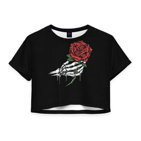 Женская футболка Cropp-top с принтом Рука скелета с розой в Тюмени, 100% полиэстер | круглая горловина, длина футболки до линии талии, рукава с отворотами | core | hand | hardcore | skeleton | tatoo | роза | романтика | рука | скелет | тату | цветок | черный фон