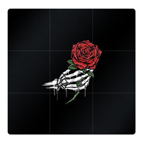 Магнитный плакат 3Х3 с принтом Рука скелета с розой в Тюмени, Полимерный материал с магнитным слоем | 9 деталей размером 9*9 см | Тематика изображения на принте: core | hand | hardcore | skeleton | tatoo | роза | романтика | рука | скелет | тату | цветок | черный фон