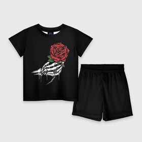 Детский костюм с шортами 3D с принтом Рука скелета с розой в Тюмени,  |  | core | hand | hardcore | skeleton | tatoo | роза | романтика | рука | скелет | тату | цветок | черный фон