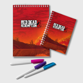 Блокнот с принтом RED DEAD REDEMPTION 2 в Тюмени, 100% бумага | 48 листов, плотность листов — 60 г/м2, плотность картонной обложки — 250 г/м2. Листы скреплены удобной пружинной спиралью. Цвет линий — светло-серый
 | Тематика изображения на принте: arthur morgan | cowboy | online | red dead online | red dead redemption 2 | rockstar games | wild west | артур морган | бандит | вестерн | винтовка | дикий запад | ковбой | рокстар