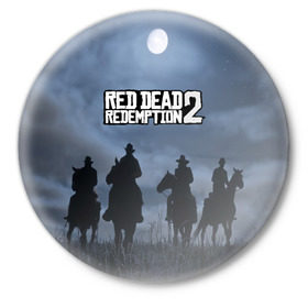 Значок с принтом RED DEAD REDEMPTION в Тюмени,  металл | круглая форма, металлическая застежка в виде булавки | Тематика изображения на принте: arthur morgan | cowboy | online | red dead online | red dead redemption 2 | rockstar games | wild west | артур морган | бандит | вестерн | винтовка | дикий запад | ковбой | рокстар