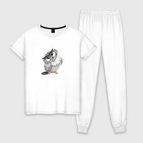 Женская пижама хлопок с принтом Сова в Тюмени, 100% хлопок | брюки и футболка прямого кроя, без карманов, на брюках мягкая резинка на поясе и по низу штанин | птица | рисунок | сова | совушка