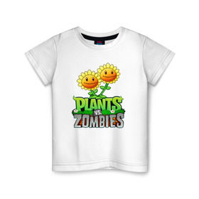 Детская футболка хлопок с принтом PLANTS VS ZOMBIES в Тюмени, 100% хлопок | круглый вырез горловины, полуприлегающий силуэт, длина до линии бедер | Тематика изображения на принте: battle | plants | plants vs zombies | pvsz | vs | zombies | растения против зомби