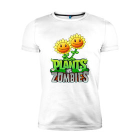 Мужская футболка премиум с принтом PLANTS VS ZOMBIES в Тюмени, 92% хлопок, 8% лайкра | приталенный силуэт, круглый вырез ворота, длина до линии бедра, короткий рукав | battle | plants | plants vs zombies | pvsz | vs | zombies | растения против зомби