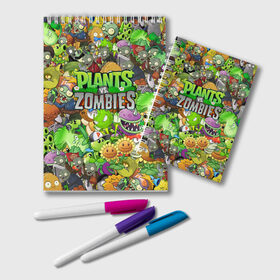 Блокнот с принтом PLANTS VS ZOMBIES в Тюмени, 100% бумага | 48 листов, плотность листов — 60 г/м2, плотность картонной обложки — 250 г/м2. Листы скреплены удобной пружинной спиралью. Цвет линий — светло-серый
 | Тематика изображения на принте: battle | plants | plants vs zombies | pvsz | vs | zombies | растения против зомби