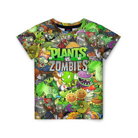 Детская футболка 3D с принтом PLANTS VS ZOMBIES в Тюмени, 100% гипоаллергенный полиэфир | прямой крой, круглый вырез горловины, длина до линии бедер, чуть спущенное плечо, ткань немного тянется | battle | plants | plants vs zombies | pvsz | vs | zombies | растения против зомби