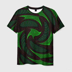 Мужская футболка 3D с принтом орнамент в Тюмени, 100% полиэфир | прямой крой, круглый вырез горловины, длина до линии бедер | зелёный | орнамент | спираль | черный