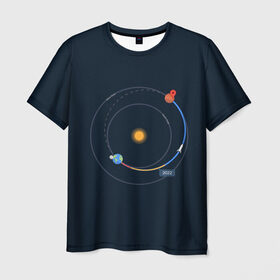 Мужская футболка 3D с принтом Земля - Марс в Тюмени, 100% полиэфир | прямой крой, круглый вырез горловины, длина до линии бедер | 2022 | cat | elon | galaxy | mars | moon | musk | nasa | space | spacex | tesla | вселенная | галактика | звезды | илон | космонавт | космос | луна | марс | маск | наса | скафандр | тесла
