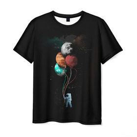Мужская футболка 3D с принтом Космонавт с шариками в Тюмени, 100% полиэфир | прямой крой, круглый вырез горловины, длина до линии бедер | cat | elon | galaxy | mars | moon | musk | nasa | space | spacex | вселенная | галактика | звезды | илон | космонавт | космос | луна | марс | маск | наса | скафандр