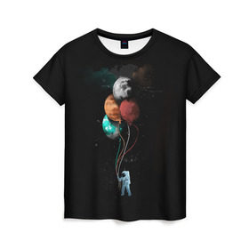 Женская футболка 3D с принтом Космонавт с шариками в Тюмени, 100% полиэфир ( синтетическое хлопкоподобное полотно) | прямой крой, круглый вырез горловины, длина до линии бедер | cat | elon | galaxy | mars | moon | musk | nasa | space | spacex | вселенная | галактика | звезды | илон | космонавт | космос | луна | марс | маск | наса | скафандр