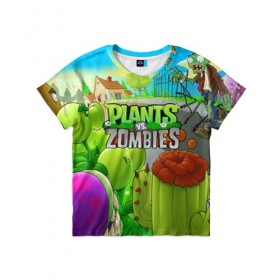Детская футболка 3D с принтом PLANTS VS ZOMBIES в Тюмени, 100% гипоаллергенный полиэфир | прямой крой, круглый вырез горловины, длина до линии бедер, чуть спущенное плечо, ткань немного тянется | battle | plants | plants vs zombies | pvsz | vs | zombies | растения против зомби