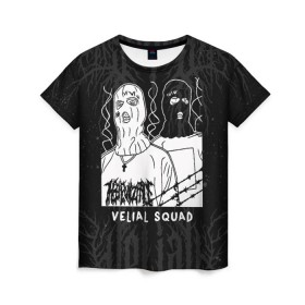 Женская футболка 3D с принтом VELIAL SQUAD в Тюмени, 100% полиэфир ( синтетическое хлопкоподобное полотно) | прямой крой, круглый вырез горловины, длина до линии бедер | velial squad | vs | маски | музыка | отряд велиала | русский рэп | рэп | хорроркор | чёрный и белый