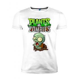 Мужская футболка премиум с принтом Зомби в Тюмени, 92% хлопок, 8% лайкра | приталенный силуэт, круглый вырез ворота, длина до линии бедра, короткий рукав | battle | neighborville | plant | plants | zombi | zombie | zombies | зомби | лого | логотип | надпись | против | растения