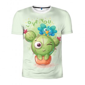 Мужская футболка 3D спортивная с принтом LOVE YOU в Тюмени, 100% полиэстер с улучшенными характеристиками | приталенный силуэт, круглая горловина, широкие плечи, сужается к линии бедра | bird | bright | cactus | fun | funny | веселый | кактус | прикольный | птичка | яркий забавный