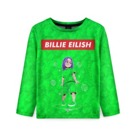 Детский лонгслив 3D с принтом BILLIE EILISH GREEN в Тюмени, 100% полиэстер | длинные рукава, круглый вырез горловины, полуприлегающий силуэт
 | bad guy | billie | eilish | ocean eyes | айлиш | билли | девушка | певица | эйлиш