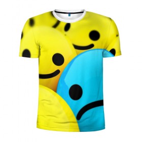 Мужская футболка 3D спортивная с принтом СМАЙЛИКИ в Тюмени, 100% полиэстер с улучшенными характеристиками | приталенный силуэт, круглая горловина, широкие плечи, сужается к линии бедра | emoji | настроение | позитив | смайлики | смайлы | стикеры | текстура смайл | улыбки | фон смайл | эмодзи