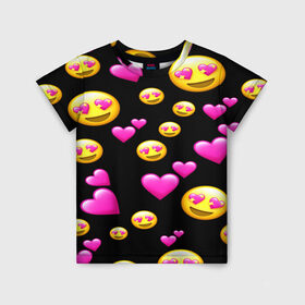 Детская футболка 3D с принтом ВЛЮБЛЕННЫЕ СМАЙЛИКИ в Тюмени, 100% гипоаллергенный полиэфир | прямой крой, круглый вырез горловины, длина до линии бедер, чуть спущенное плечо, ткань немного тянется | emoji | настроение | позитив | смайлики | смайлы | стикеры | текстура смайл | улыбки | фон смайл | эмодзи