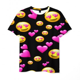 Мужская футболка 3D с принтом ВЛЮБЛЕННЫЕ СМАЙЛИКИ в Тюмени, 100% полиэфир | прямой крой, круглый вырез горловины, длина до линии бедер | emoji | настроение | позитив | смайлики | смайлы | стикеры | текстура смайл | улыбки | фон смайл | эмодзи