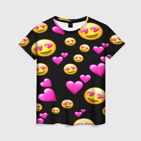 Женская футболка 3D с принтом ВЛЮБЛЕННЫЕ СМАЙЛИКИ в Тюмени, 100% полиэфир ( синтетическое хлопкоподобное полотно) | прямой крой, круглый вырез горловины, длина до линии бедер | emoji | настроение | позитив | смайлики | смайлы | стикеры | текстура смайл | улыбки | фон смайл | эмодзи