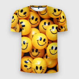Мужская футболка 3D спортивная с принтом ЖЕЛТЫЕ СМАЙЛИКИ в Тюмени, 100% полиэстер с улучшенными характеристиками | приталенный силуэт, круглая горловина, широкие плечи, сужается к линии бедра | emoji | настроение | позитив | смайлики | смайлы | стикеры | текстура смайл | улыбки | фон смайл | эмодзи