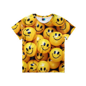 Детская футболка 3D с принтом ЖЕЛТЫЕ СМАЙЛИКИ в Тюмени, 100% гипоаллергенный полиэфир | прямой крой, круглый вырез горловины, длина до линии бедер, чуть спущенное плечо, ткань немного тянется | emoji | настроение | позитив | смайлики | смайлы | стикеры | текстура смайл | улыбки | фон смайл | эмодзи
