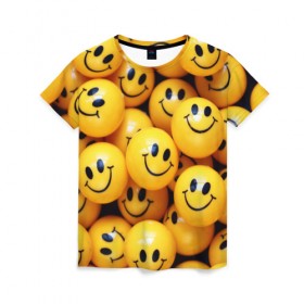 Женская футболка 3D с принтом ЖЕЛТЫЕ СМАЙЛИКИ в Тюмени, 100% полиэфир ( синтетическое хлопкоподобное полотно) | прямой крой, круглый вырез горловины, длина до линии бедер | emoji | настроение | позитив | смайлики | смайлы | стикеры | текстура смайл | улыбки | фон смайл | эмодзи
