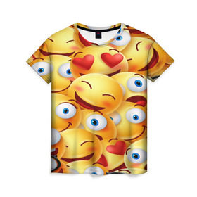 Женская футболка 3D с принтом emoji в Тюмени, 100% полиэфир ( синтетическое хлопкоподобное полотно) | прямой крой, круглый вырез горловины, длина до линии бедер | emoji | настроение | позитив | смайлики | смайлы | стикеры | текстура смайл | улыбки | фон смайл | эмодзи