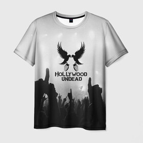 Мужская футболка 3D с принтом HOLLYWOOD UNDEAD в Тюмени, 100% полиэфир | прямой крой, круглый вырез горловины, длина до линии бедер | charlie scene | danny | funny man | hollywood undead | j dog | johnny 3 tears | logo | music | rock | альтернатива | металл | музыка | музыкальный | рок