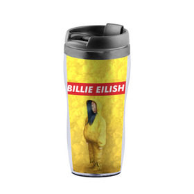 Термокружка-непроливайка с принтом BILLIE EILISH Yellow в Тюмени, внутренняя часть — пищевой пластик, наружная часть — прозрачный пластик, между ними — полиграфическая вставка с рисунком | объем — 350 мл, герметичная крышка | 