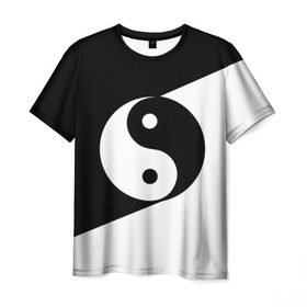 Мужская футболка 3D с принтом Инь - янь (#1) в Тюмени, 100% полиэфир | прямой крой, круглый вырез горловины, длина до линии бедер | Тематика изображения на принте: black | signs | white. | ying   yang | белый | знаки | инь   янь | чёрный