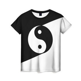 Женская футболка 3D с принтом Инь - янь (#1) в Тюмени, 100% полиэфир ( синтетическое хлопкоподобное полотно) | прямой крой, круглый вырез горловины, длина до линии бедер | Тематика изображения на принте: black | signs | white. | ying   yang | белый | знаки | инь   янь | чёрный