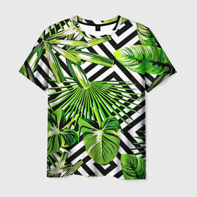 Мужская футболка 3D с принтом TROPIC TEXTURE в Тюмени, 100% полиэфир | прямой крой, круглый вырез горловины, длина до линии бедер | bright | colorful | neon | retro | vintage | винтаж | неон | неоновые | пальмы | ретро | ретро неон | тропики | тропические листья