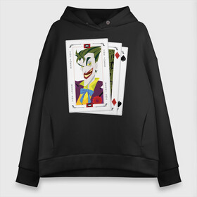 Женское худи Oversize хлопок с принтом Joker cards в Тюмени, френч-терри — 70% хлопок, 30% полиэстер. Мягкий теплый начес внутри —100% хлопок | боковые карманы, эластичные манжеты и нижняя кромка, капюшон на магнитной кнопке | batman | dc | dc джокер | detective comics | harley | joker | shtatjoker | the joker | бетмен | джокер | злодей | харли