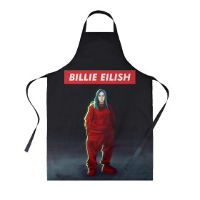 Фартук 3D с принтом BILLIE EILISH в Тюмени, 100% полиэстер | общий размер — 65 х 85 см, ширина нагрудника — 26 см, горловина — 53 см, длина завязок — 54 см, общий обхват в поясе — 173 см. Принт на завязках и на горловине наносится с двух сторон, на основной части фартука — только с внешней стороны | bad guy | billie | eilish | ocean eyes | айлиш | билли | девушка | певица | эйлиш