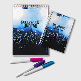 Блокнот с принтом HOLLYWOOD UNDEAD в Тюмени, 100% бумага | 48 листов, плотность листов — 60 г/м2, плотность картонной обложки — 250 г/м2. Листы скреплены удобной пружинной спиралью. Цвет линий — светло-серый
 | charlie scene | danny | funny man | hollywood undead | j dog | johnny 3 tears | logo | music | rock | альтернатива | металл | музыка | музыкальный | рок