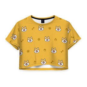 Женская футболка Cropp-top с принтом Сиба-ину. Акита-ину. (Жёлтая) в Тюмени, 100% полиэстер | круглая горловина, длина футболки до линии талии, рукава с отворотами | сиба ину