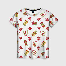 Женская футболка 3D с принтом Новогодние Подарки в Тюмени, 100% полиэфир ( синтетическое хлопкоподобное полотно) | прямой крой, круглый вырез горловины, длина до линии бедер | 