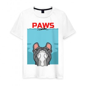 Мужская футболка хлопок с принтом PAWS в Тюмени, 100% хлопок | прямой крой, круглый вырез горловины, длина до линии бедер, слегка спущенное плечо. | animal | bulldog | cute | dog | jaws | paws | pet | pog | sea | swim | бульдог | лапки | лапы | мопс | море | питомец | собака | челюсти