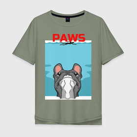 Мужская футболка хлопок Oversize с принтом PAWS в Тюмени, 100% хлопок | свободный крой, круглый ворот, “спинка” длиннее передней части | animal | bulldog | cute | dog | jaws | paws | pet | pog | sea | swim | бульдог | лапки | лапы | мопс | море | питомец | собака | челюсти