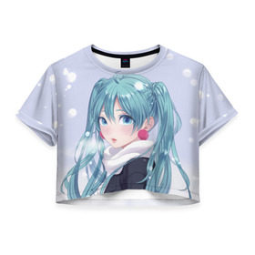 Женская футболка Cropp-top с принтом Hatsune Miku. Winter в Тюмени, 100% полиэстер | круглая горловина, длина футболки до линии талии, рукава с отворотами | anime | aquamarin | aquamarine | everlasting | hatsune | j pop | miku | projectdiva | singer | snow | summer | vocaloid | аквамарин | аниме | вокалоид | мику | певица | хацуне | хацунэ