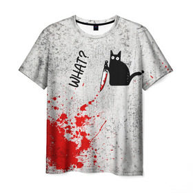 Мужская футболка 3D с принтом What cat в Тюмени, 100% полиэфир | прямой крой, круглый вырез горловины, длина до линии бедер | Тематика изображения на принте: cat | kitten | knife | what | кот | котёнок | кошка | кровь | нож | что