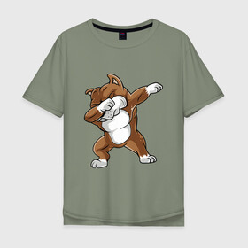 Мужская футболка хлопок Oversize с принтом Dabbing Pitbull в Тюмени, 100% хлопок | свободный крой, круглый ворот, “спинка” длиннее передней части | animal | animals | beast | dab | dabb | dabbing | dog | pitbull | predator | rap | даб | животное | животные | зверь | пес | питбуль | рэп | собака | хищник