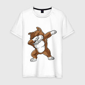 Мужская футболка хлопок с принтом Dabbing Pitbull в Тюмени, 100% хлопок | прямой крой, круглый вырез горловины, длина до линии бедер, слегка спущенное плечо. | animal | animals | beast | dab | dabb | dabbing | dog | pitbull | predator | rap | даб | животное | животные | зверь | пес | питбуль | рэп | собака | хищник
