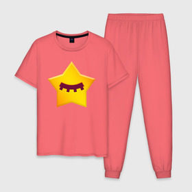 Мужская пижама хлопок с принтом BRAWL STARS - SANDY в Тюмени, 100% хлопок | брюки и футболка прямого кроя, без карманов, на брюках мягкая резинка на поясе и по низу штанин
 | Тематика изображения на принте: brawl | bull | colt | crow | game | games | leon | online | penny | poco | sandy | shelly | spike | star | stars | wanted | брав | бравл | браво | звезда | звезды | игра | игры | лого | онлайн | сенди | старс | сэнди