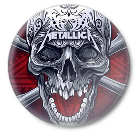 Значок с принтом Metallica в Тюмени,  металл | круглая форма, металлическая застежка в виде булавки | album | black | concert | heavy | kirk | metal | metallica | music | rock | tolls | джеймс хэтфилд | кирк хэмметт | клифф бёртон | ларс ульрих | метал | металлика | трэш