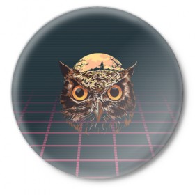 Значок с принтом Мудрая сова в Тюмени,  металл | круглая форма, металлическая застежка в виде булавки | большие глаза | взгляд | знания | клюв | луна | мудрая | мудрость | ночь | птица | сова | совенок | совушка | ум | хищная